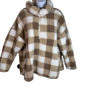 Dip Sherpa Fleece Plaid Pullover Tan & White Checkered Teddy Size 2XL 1/2 Zip